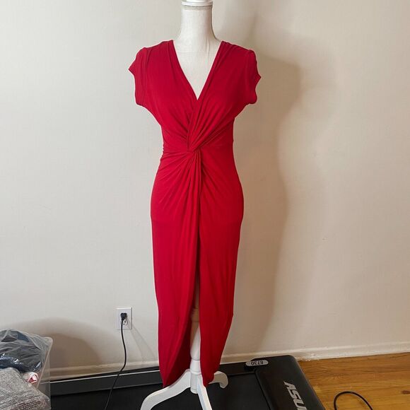 Sabora Crimson Red Sexy Deep-V Twist Front Cap Sleeve Bodycon Maxi Dress Medium - Picture 2 of 10